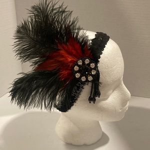 Red and Black Feathered, Beaded, Sequin Headband